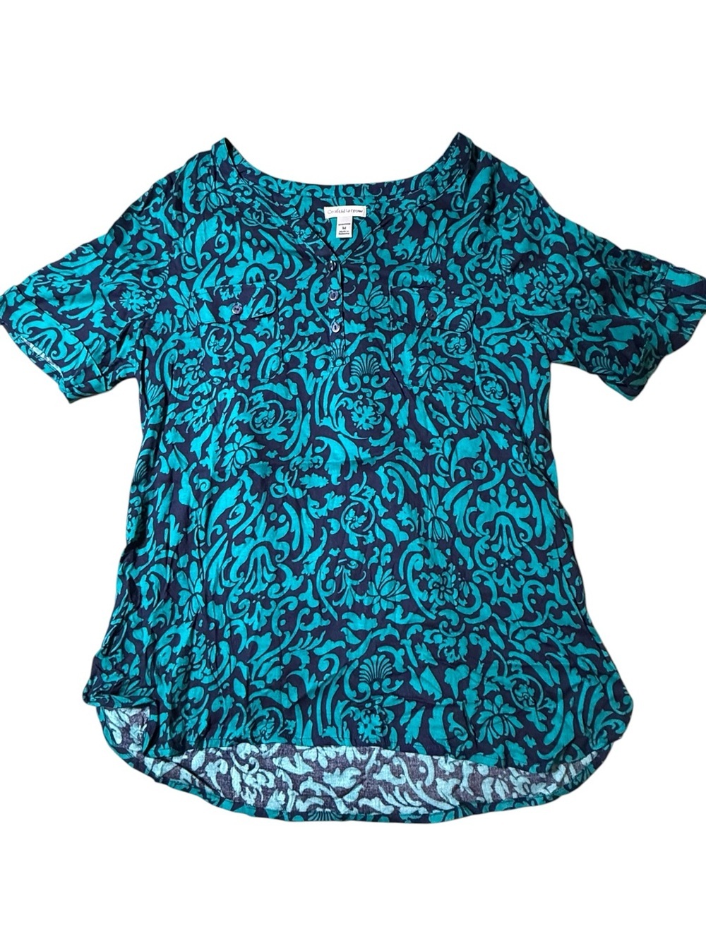 Croft & Barrow Women’s Medium Blue Paisley Print Short Sleeve Henley Top Casual